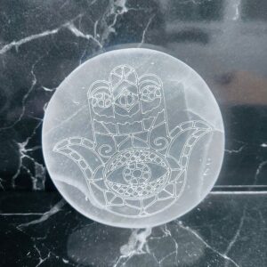 Selenite Round Disc Hamsa